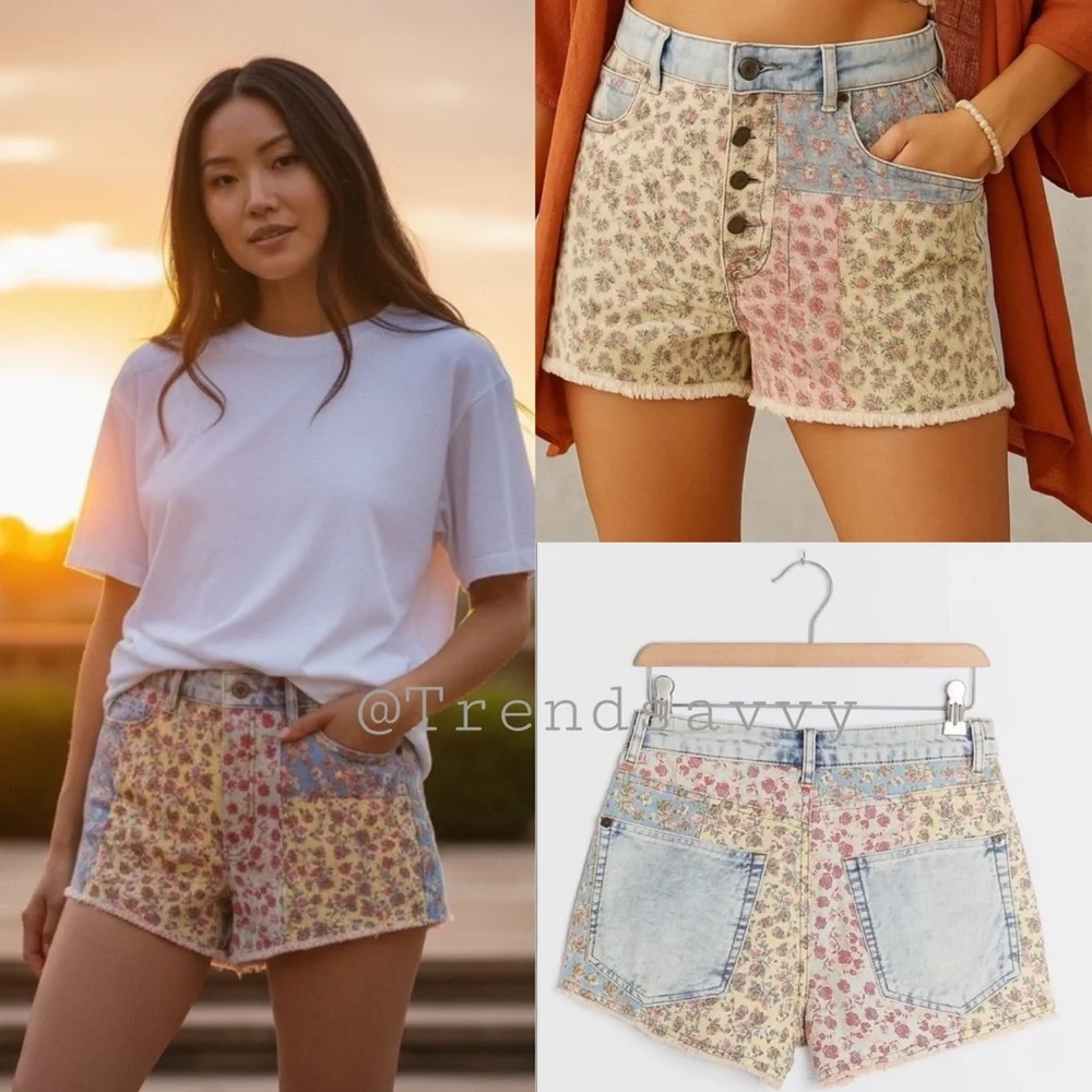 Farm Rio Ultra High Rise Floral Patchwork Denim Shorts Blue Pink Yellow 25 NWT